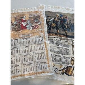 VTG Linen Tea Towels Lot 2 Calendar 1969 Folk Art 1976 The Spirit Of 76 Military